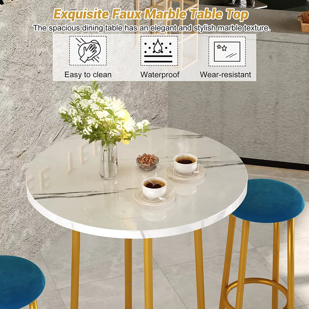3 Pieces Round Faux Marble Bar Table and Chairs Set B41609