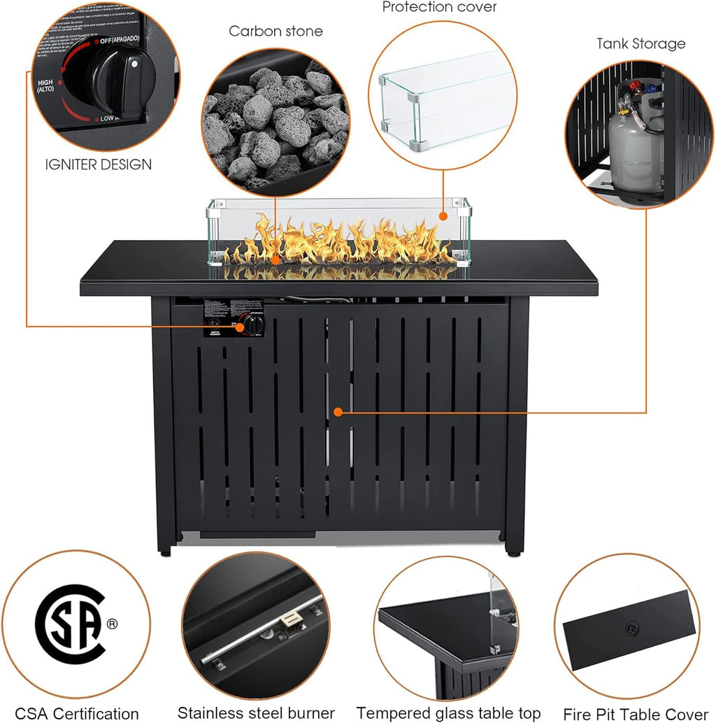 43 Inch 50,000 BTU Propane Fire Pit Table with Glass Wind Guard S37438