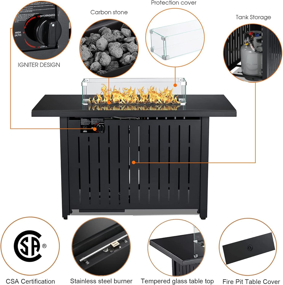 43 Inch 50,000 BTU Propane Fire Pit Table with Glass Wind Guard S37438