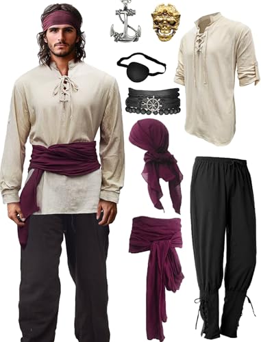 Khaki Large Mens Pirate Costume Outfit With Pants Shirts Sash Accessories O786896