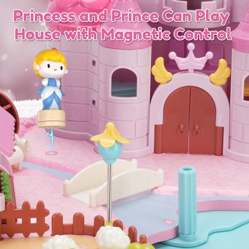 Castle Playset with 4 Magnetic Control Movable Toys, Magnetic Doll House Building Toys with Light & Music（Pink） L601696