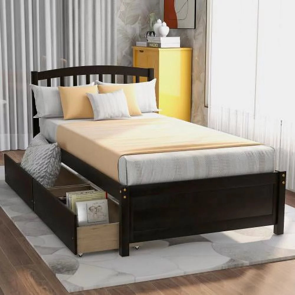 Black Twin Wood Storage Bed Frame with 2 Drawers and Headboard W963