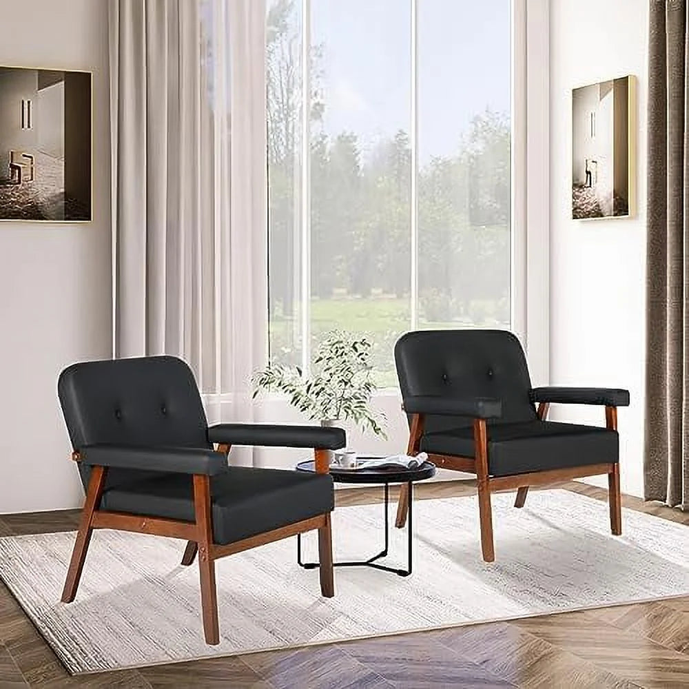 Black Faux Leather Accent Chairs Set of 2 with Wood Arms W280