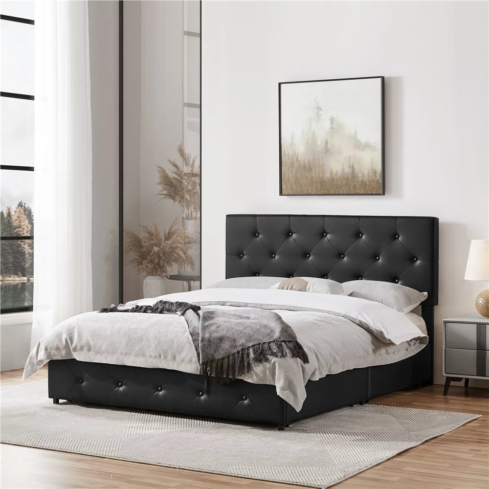 Black Queen Upholstered Platform Bed with Storage W88321