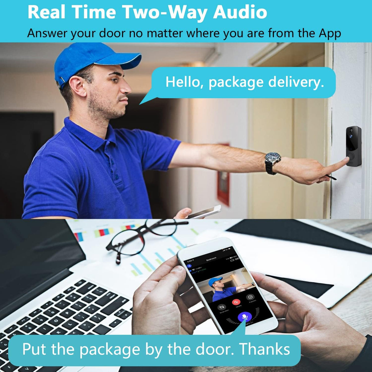 Wireless WiFi Video Doorbell Camera with 2-Way Audio, Night Vision, IP65 Waterproof X580833