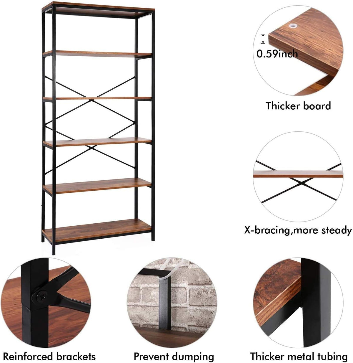 Industrial 5 Shelf Metal and Wooden Bookshelf E312