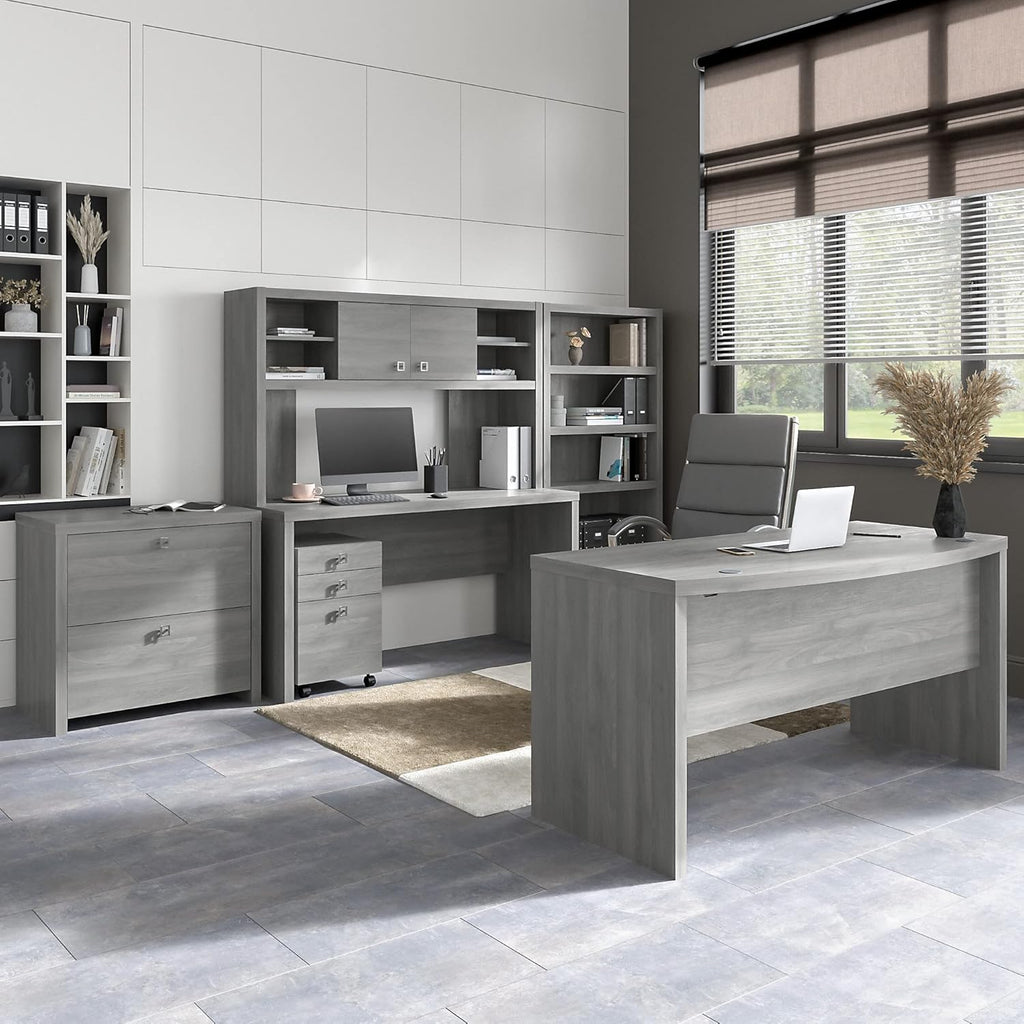 Modern Gray Bow Front Desk with Credenza, Hutch, Bookcase and File Cabinets A147986