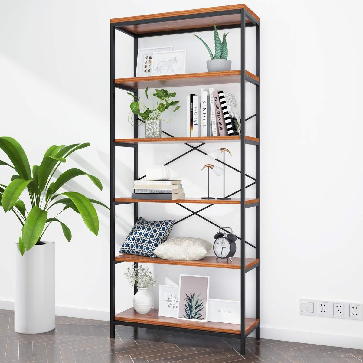 Industrial 5 Shelf Metal and Wooden Bookshelf E312