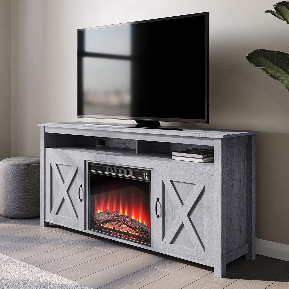 Wood TV Stand with Open Shelves and Cabinets P38059
