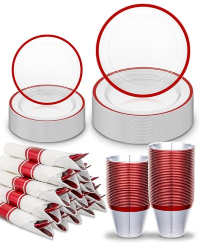 350PCS Disposable Plates Set, Clear and Black Dinnerware Sets, 100 Plastic Plates, 50 Plastic Cups, 50 Pre-Rolled Napkins with Cutlery U1677