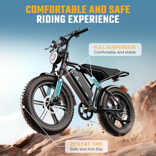1500W Peak Brushless Motor 28 MPH 60 Miles Fat Tire E Bike with 48V 15Ah Removable Battery 20" Electric Dirt Bike Hydraulic Suspension 7-Speed M846