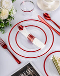 350PCS Disposable Plates Set, Clear and Black Dinnerware Sets, 100 Plastic Plates, 50 Plastic Cups, 50 Pre-Rolled Napkins with Cutlery U1677