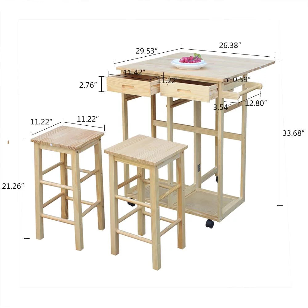 Wood Color Kitchen Island Rolling Trolley Cart with Stools X691