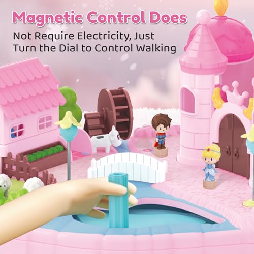 Castle Playset with 4 Magnetic Control Movable Toys, Magnetic Doll House Building Toys with Light & Music（Pink） L601696