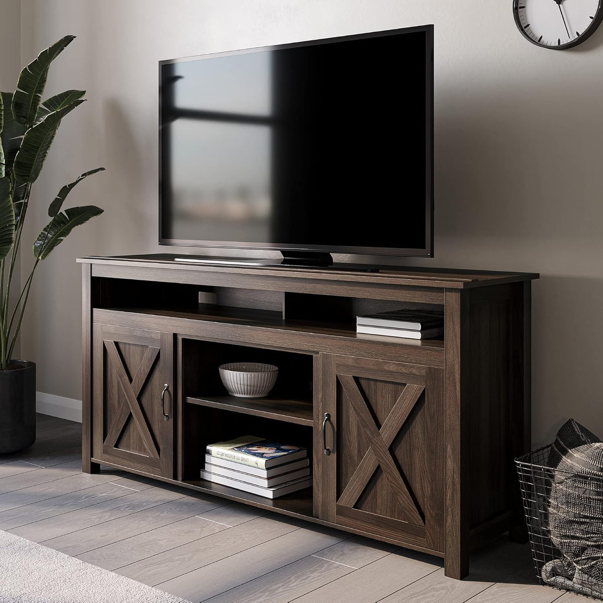 Wood TV Stand with Open Shelves and Cabinets P38059