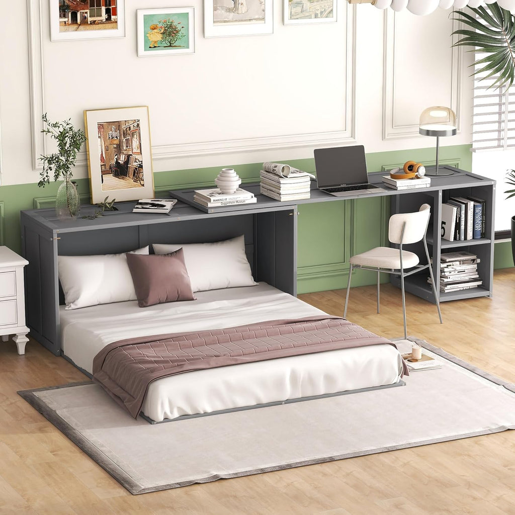 Gray Queen Size Murphy Cabinet Bed with Rotatable Desk and Shelves S771264