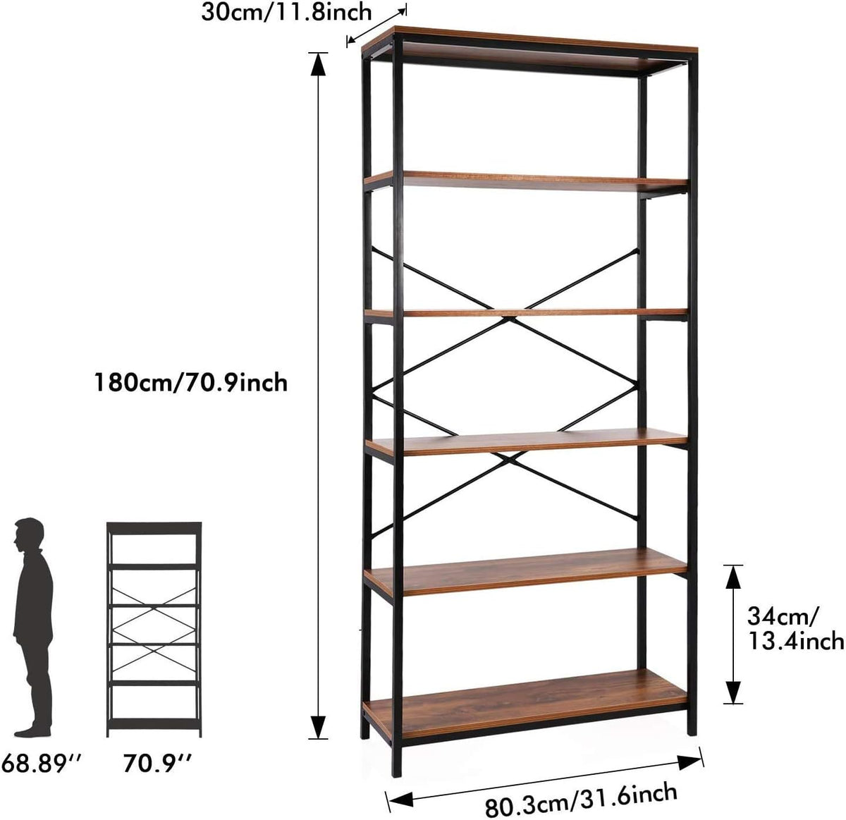 Industrial 5 Shelf Metal and Wooden Bookshelf E312