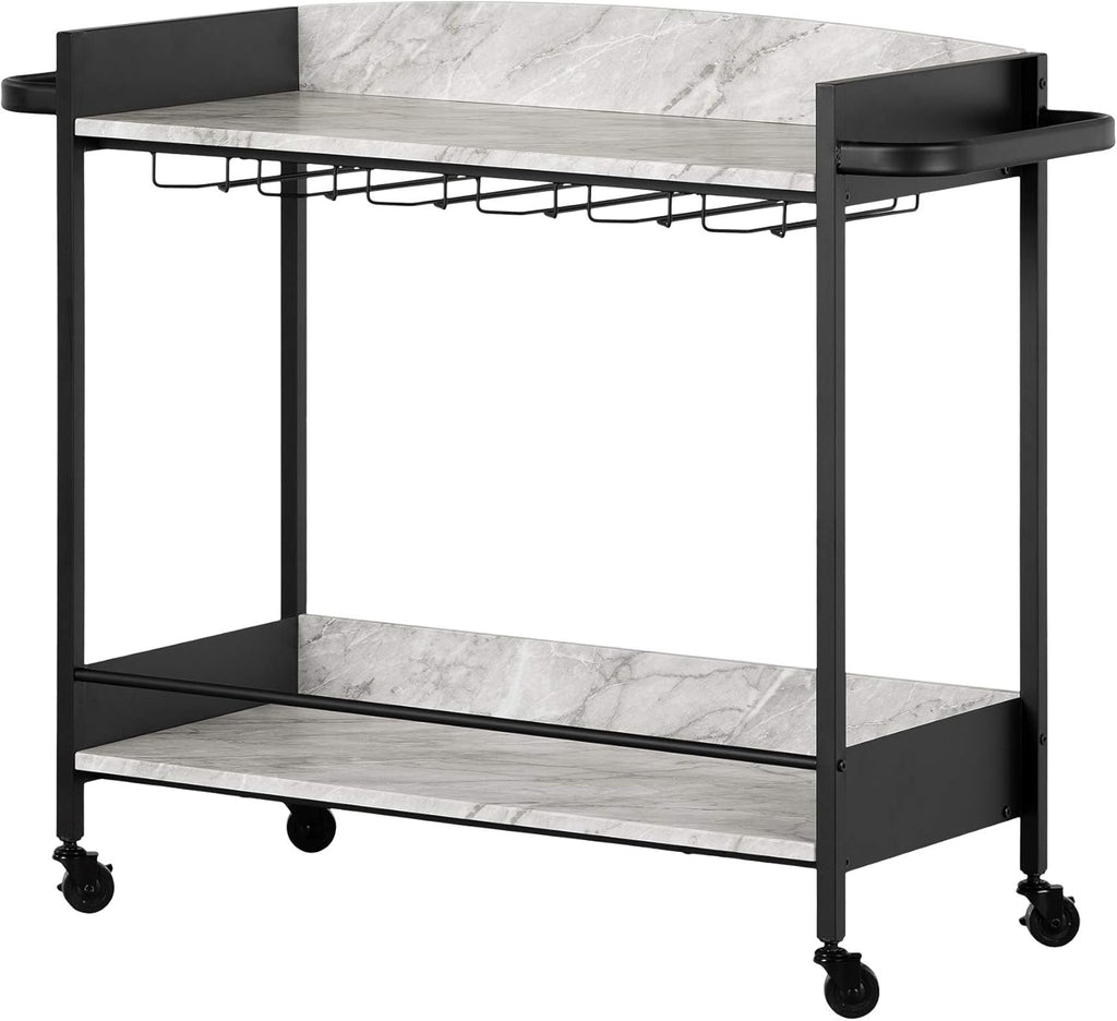 Black and Faux Carrara Marble Mobile Bar Cart Q692999