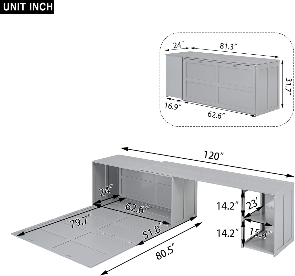 Gray Queen Size Murphy Cabinet Bed with Rotatable Desk and Shelves S771264