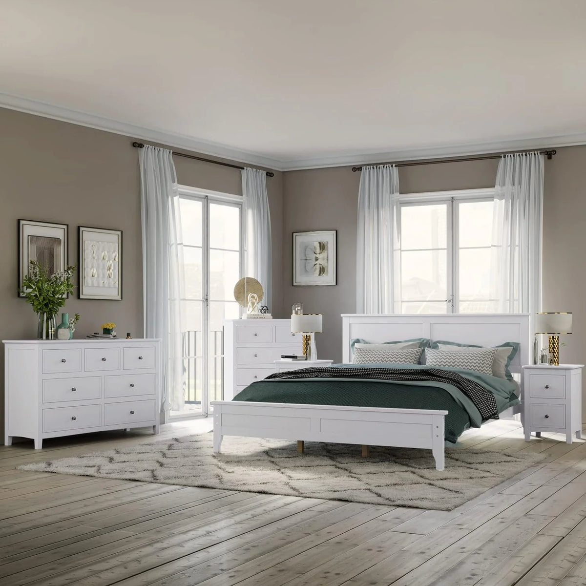 White Queen Size 5 Piece Wood Bedroom Furniture Set S33248