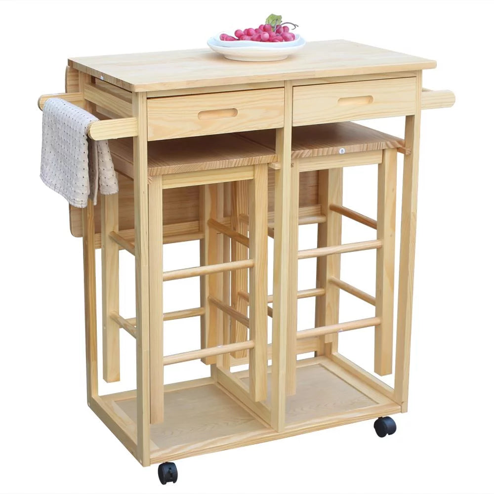 Wood Color Kitchen Island Rolling Trolley Cart with Stools X691
