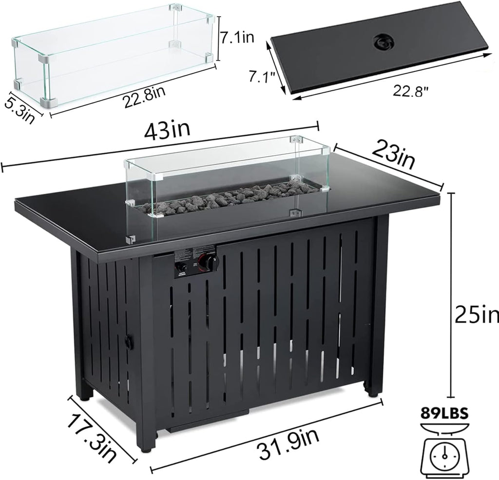 43 Inch 50,000 BTU Propane Fire Pit Table with Glass Wind Guard S37438