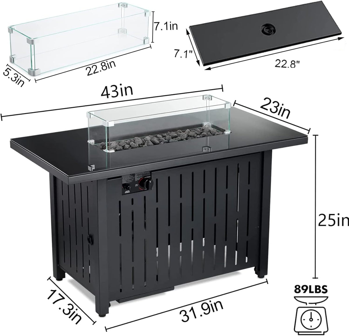43 Inch 50,000 BTU Propane Fire Pit Table with Glass Wind Guard S37438
