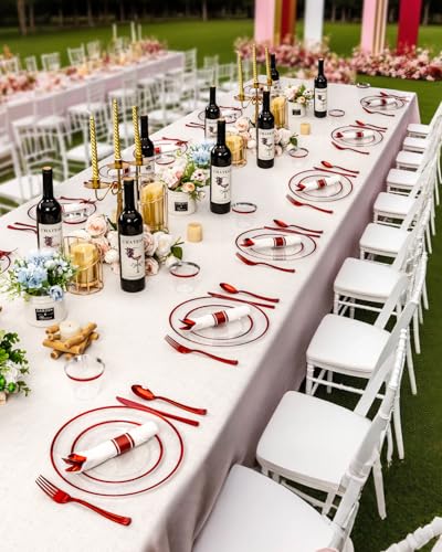 350PCS Disposable Plates Set, Clear and Black Dinnerware Sets, 100 Plastic Plates, 50 Plastic Cups, 50 Pre-Rolled Napkins with Cutlery U1677