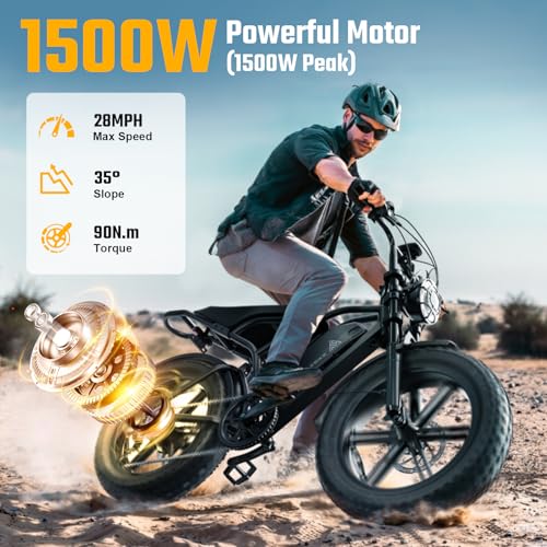 1500W Peak Brushless Motor 28 MPH 60 Miles Fat Tire E Bike with 48V 15Ah Removable Battery 20" Electric Dirt Bike Hydraulic Suspension 7-Speed M846