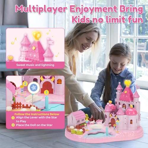 Castle Playset with 4 Magnetic Control Movable Toys, Magnetic Doll House Building Toys with Light & Music（Pink） L601696