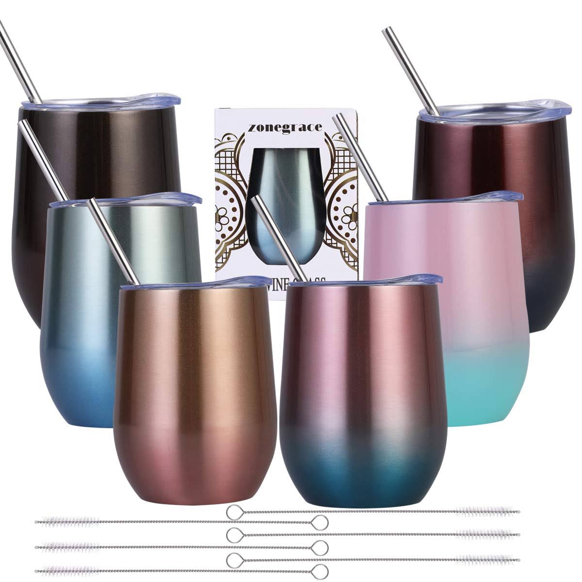 6 Pack 12 oz Stainless Steel Stemless Wine Glass Tumbler R44723
