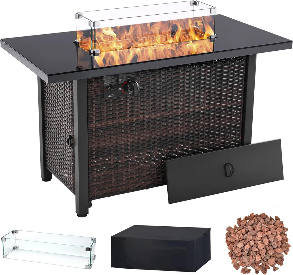 43 Inch 50,000 BTU Propane Fire Pit Table with Glass Wind Guard S37438