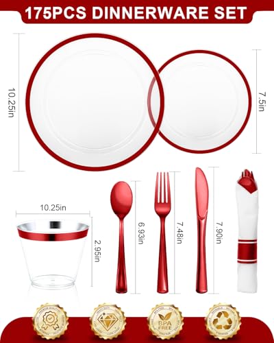 350PCS Disposable Plates Set, Clear and Black Dinnerware Sets, 100 Plastic Plates, 50 Plastic Cups, 50 Pre-Rolled Napkins with Cutlery U1677