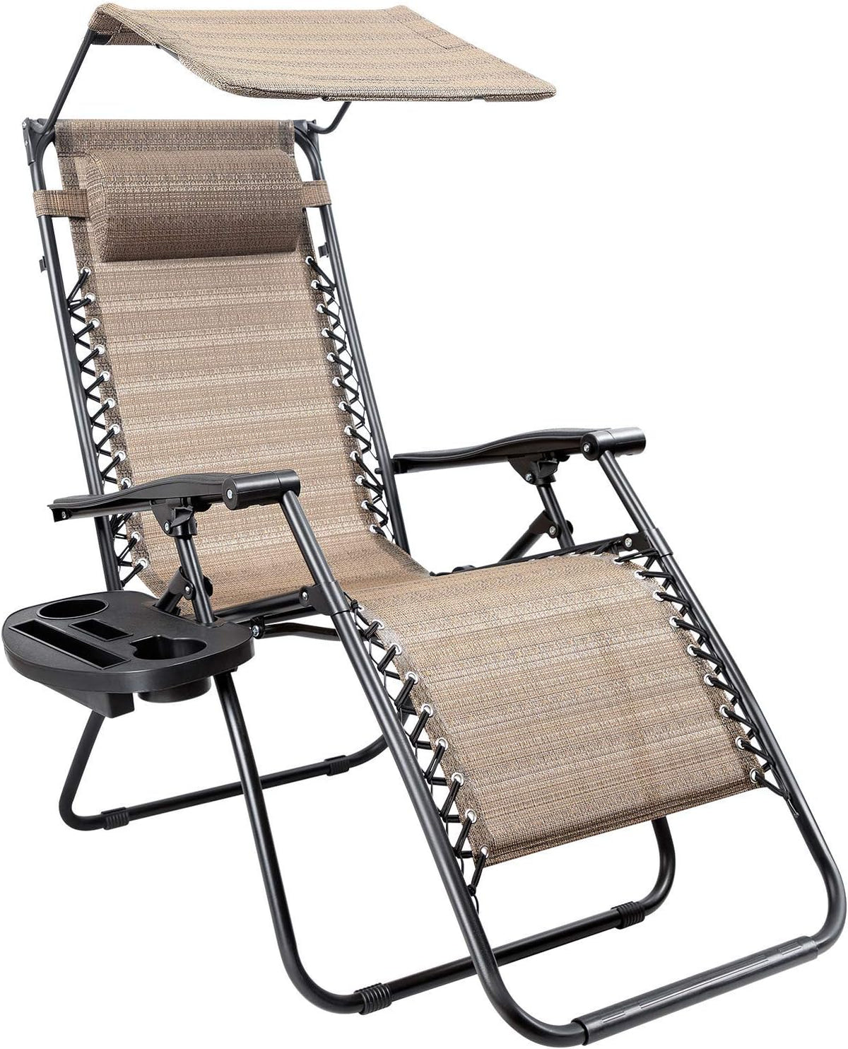 Zero Gravity Outdoor Recliner Lounge Chair with Canopy and Cup Holder Beige H737