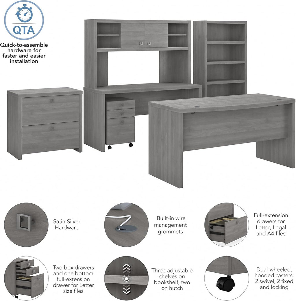 Modern Gray Bow Front Desk with Credenza, Hutch, Bookcase and File Cabinets A147986