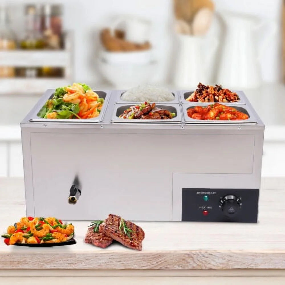 600W Stainless Steel Electric Food Warmer with 5 Pans A374