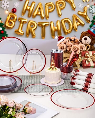 350PCS Disposable Plates Set, Clear and Black Dinnerware Sets, 100 Plastic Plates, 50 Plastic Cups, 50 Pre-Rolled Napkins with Cutlery U1677