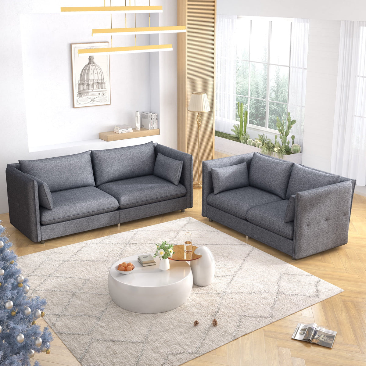 2 Pieces Linen Fleece Upholstered Sofa and Loveseat Set Dark Grey K7055