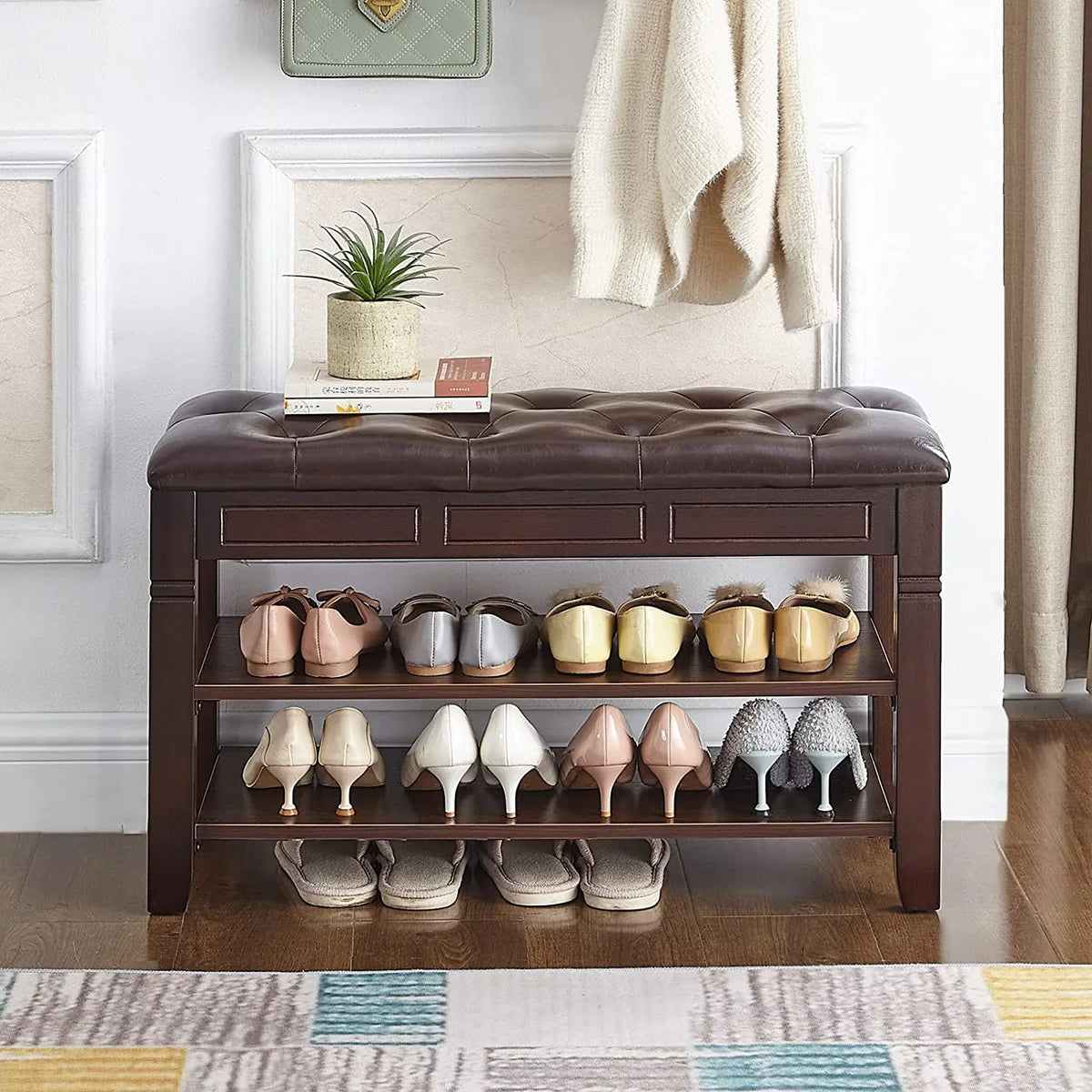 Brown Shoe Storage Bench with Cushion V4233