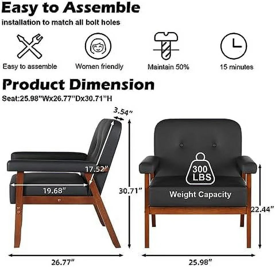 Black Faux Leather Accent Chairs Set of 2 with Wood Arms W280