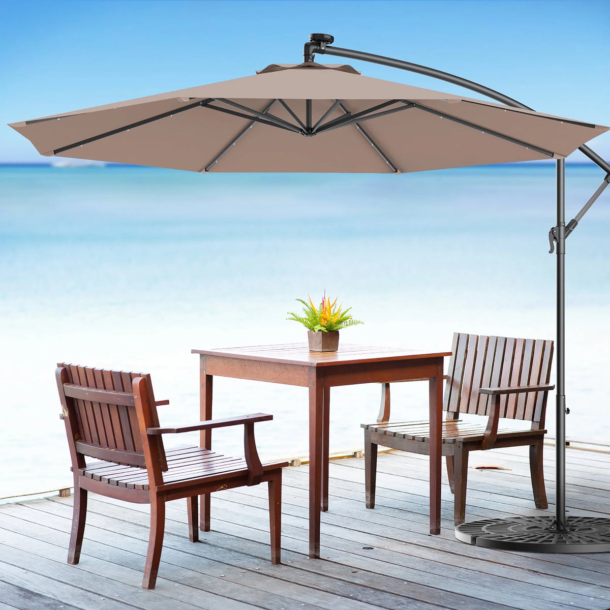 10' Solar LED Hanging Patio Umbrella with Base Tan T54625