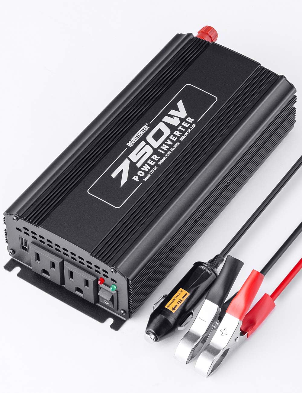 750W Power Inverter DC 12V to 110V AC Car Adapter with 2A USB Charger and 2 AC Outlets N515