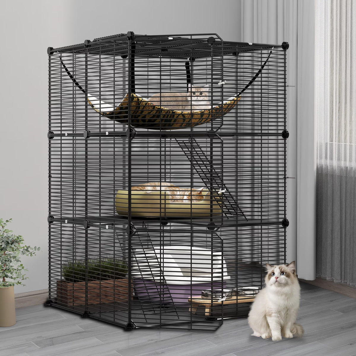 Indoor Cat Cage with Extra Large Hammock for Multiple Small Animals, 28"L x 28"W x 41"H, Black Z886440