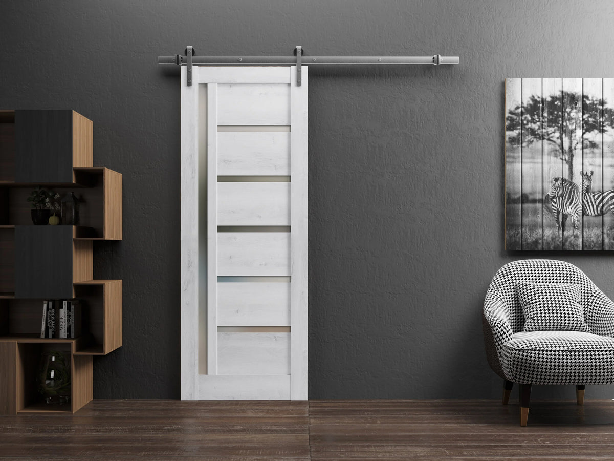 Nordic White Frosted Glass Barn Door with Stainless Steel Rail F37102