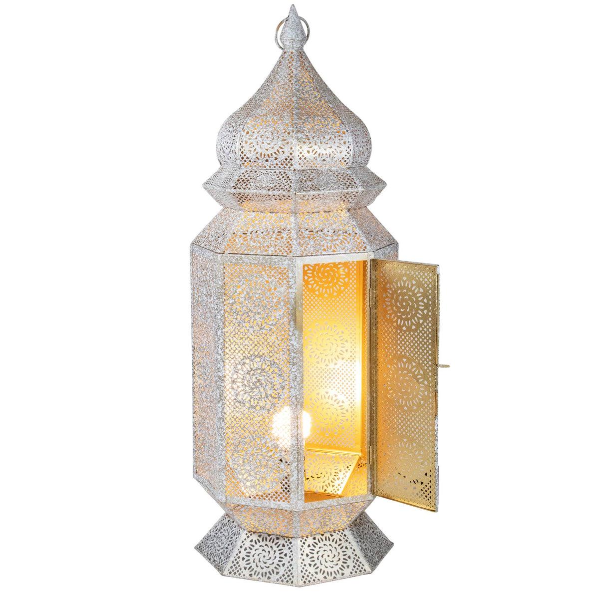 Distressed White and Gold Moroccan Cut-Out Floor Lantern Lamp O908