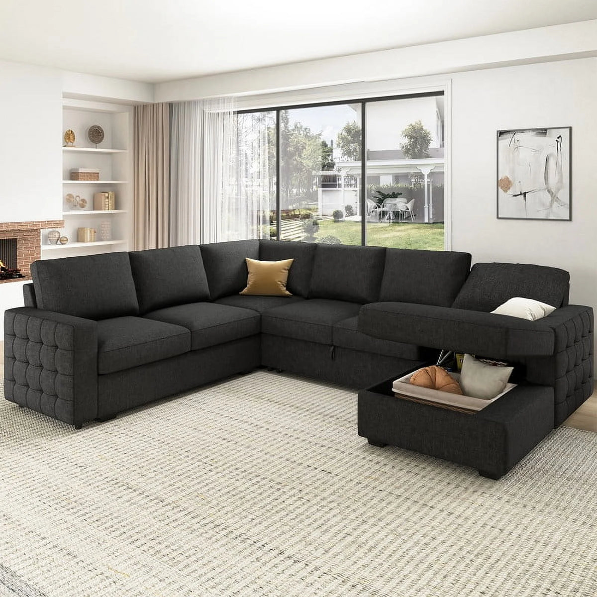 Dark Grey Convertible Sleeper Sectional Sofa with Pull-out Bed and Storage Chaise B4053