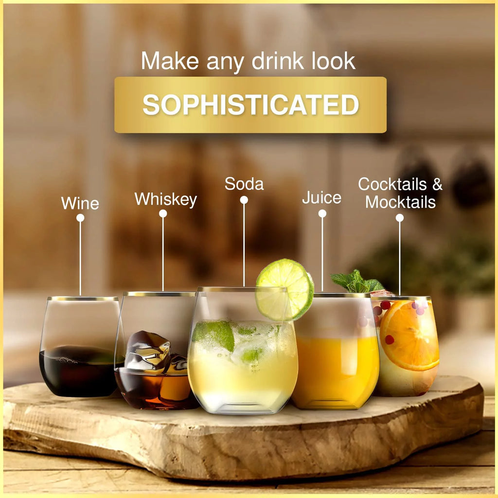 32 Pack Stemless Plastic Wine Glasses 12 oz Gold Rim E278