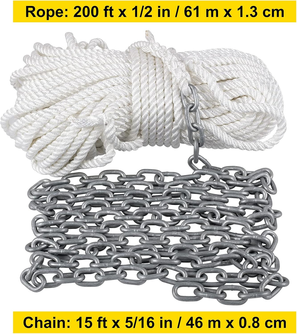 15' x 5/16" Boat Anchor Chain, 1/2" x 200' Nylon Rope, Galvanized Steel Chain O639