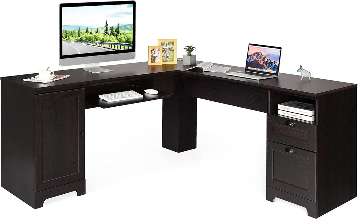 Brown L-Shaped Corner Computer Desk with Drawers and Storage Cabinet C31429