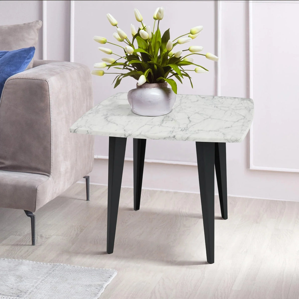 24" Square White Marble Side Table with Metal Legs M882493